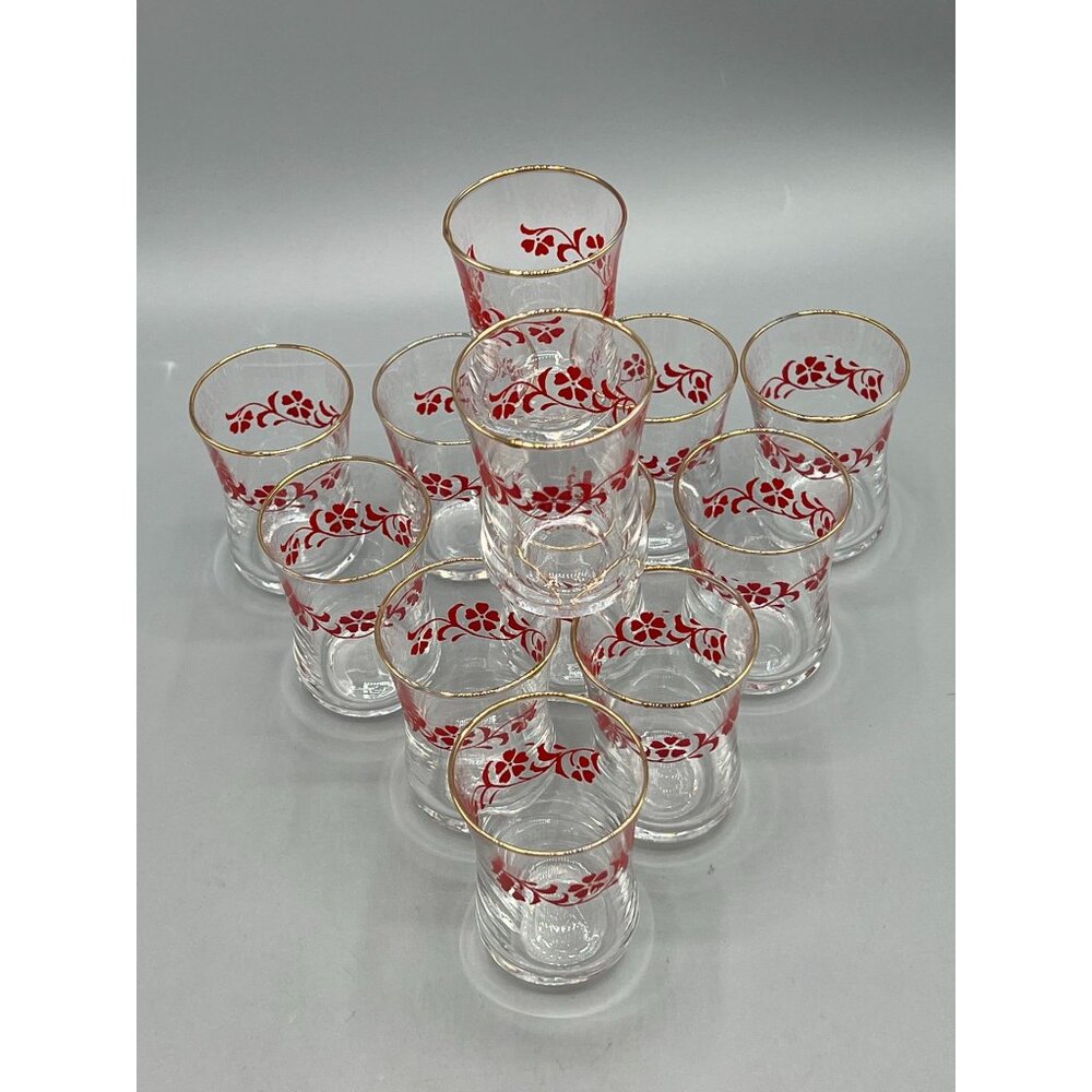 Lot 12 Shot Glasses Vtg Gold Rims Red Flower Mini Dessert Liqueur Cordial Cup